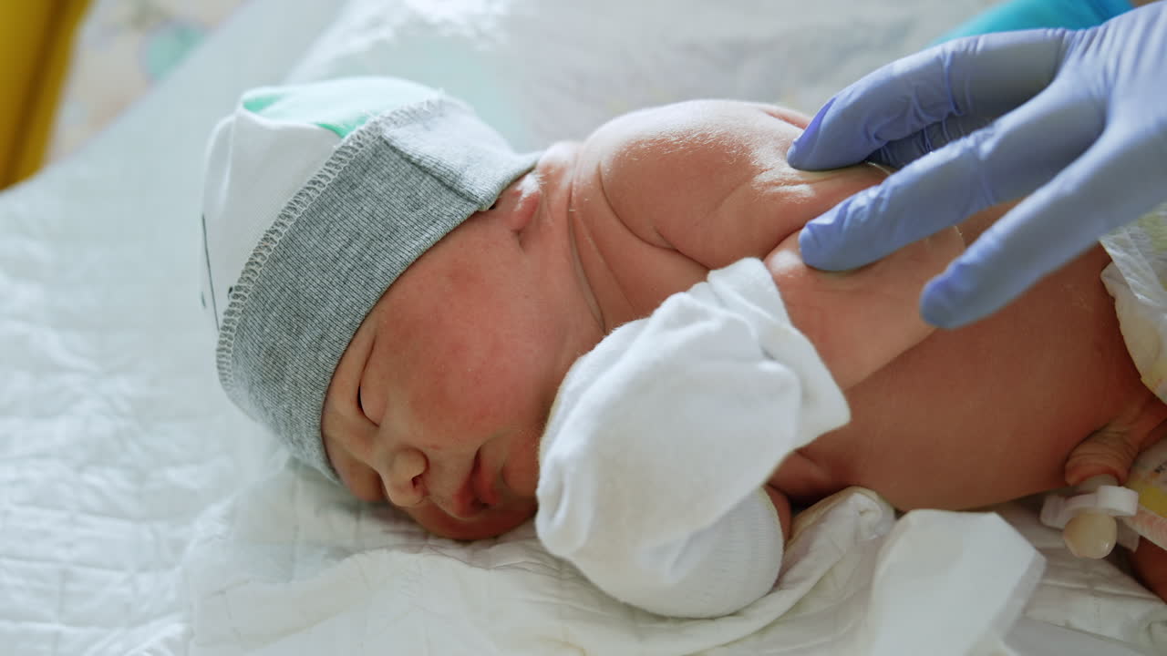 Neonatologist is listening to a baby heart. The kid is unhappy about the check up. Close up.