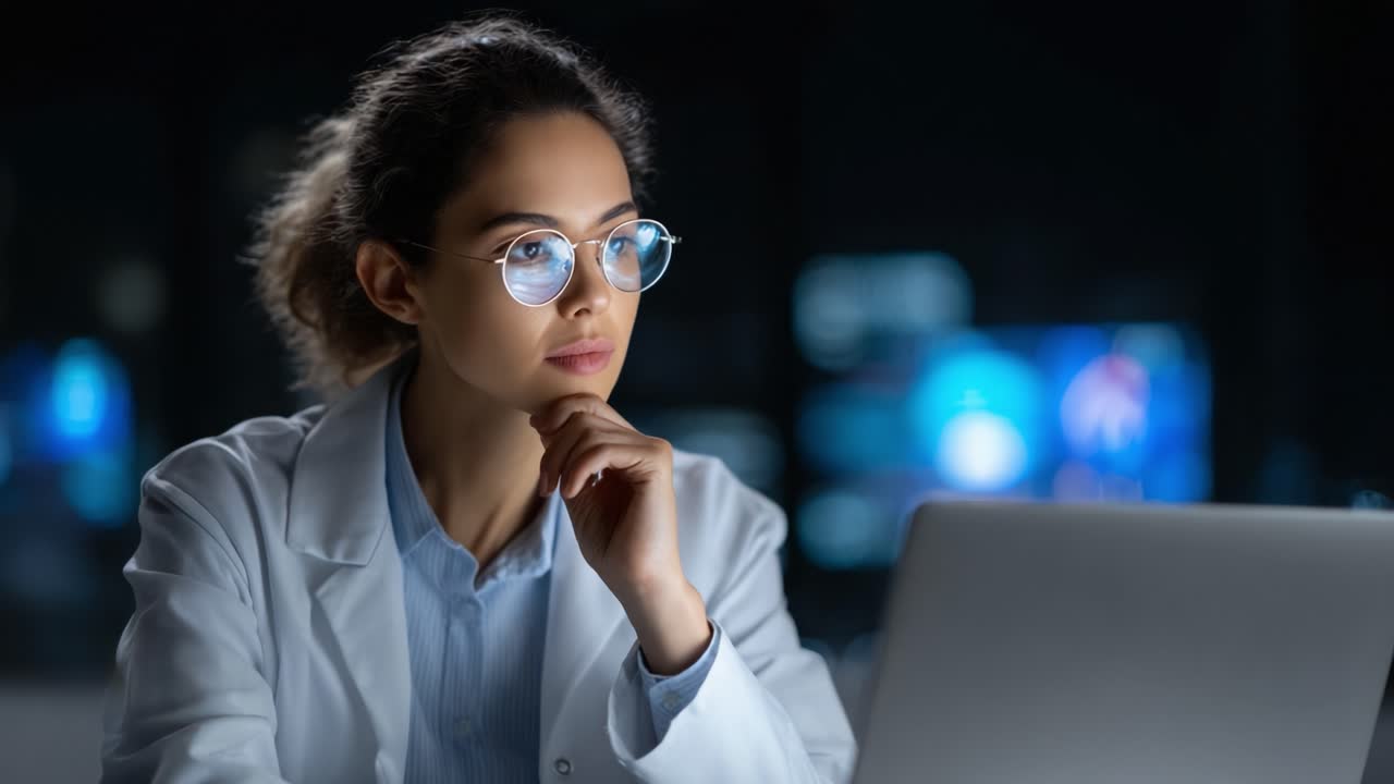 A Focused Researcher Deep in Thought Analyzing Data on a Computer in a Dimly Lit Lab Environment, Wearing Glasses and a White Lab Coat