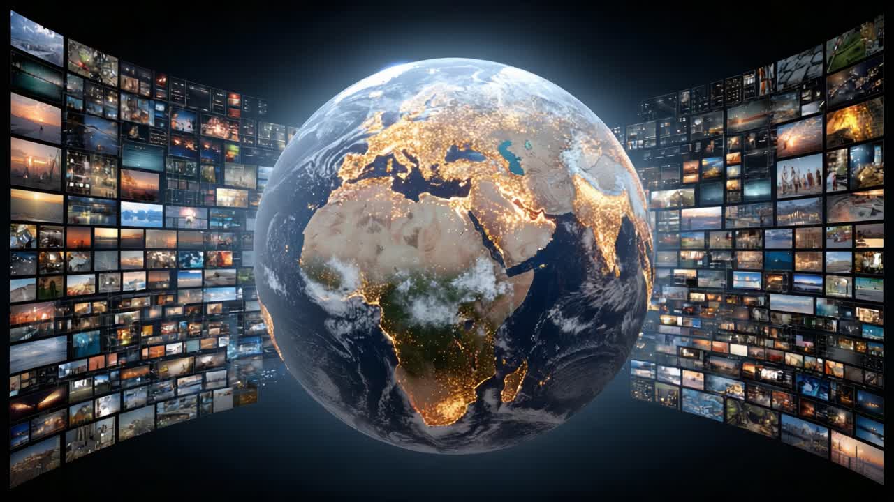 An Engaging Display of the Earth Surrounded by Media Screens Presenting Diverse Imagery in a Stunning Visual Representation of Global Culture and Nature