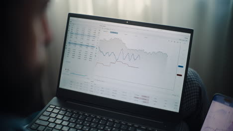 close up of stock exchange broker using smartphone, monitoring real-time stocks and exchange market charts in online trading app. investment agent working in financial agency office. over the shoulder