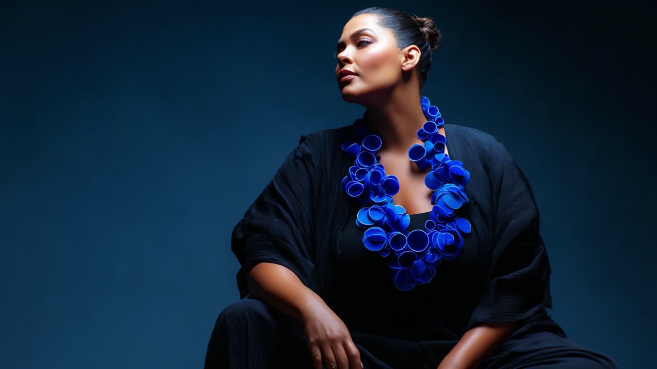 A striking portrait capturing the elegance and confidence of a model adorned in a bold blue necklace, showcasing contemporary fashion against a dramatic dark backdrop