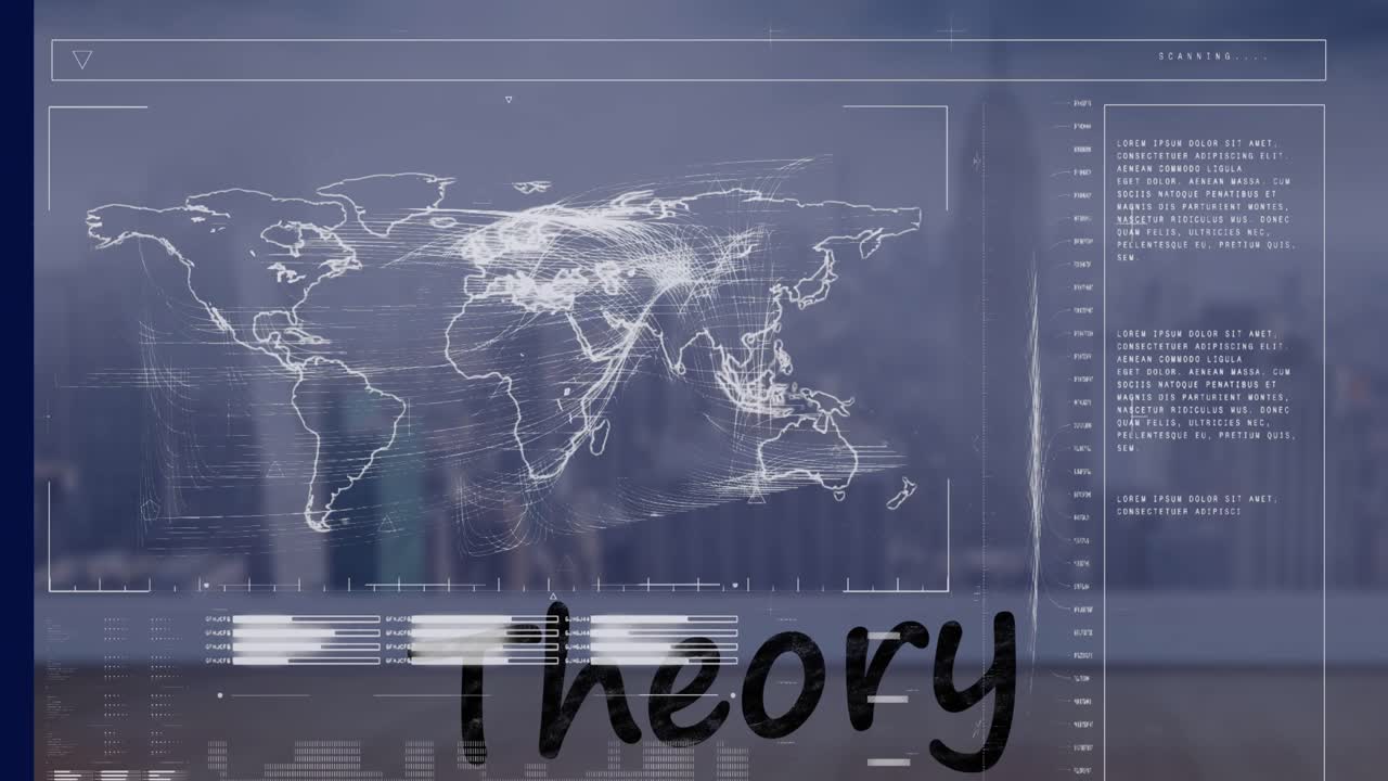 지도, 프로그래밍 데이터 및 이론 텍스트와 함께 그래픽 인포그래픽 인터페이스 화면의 애니메이션