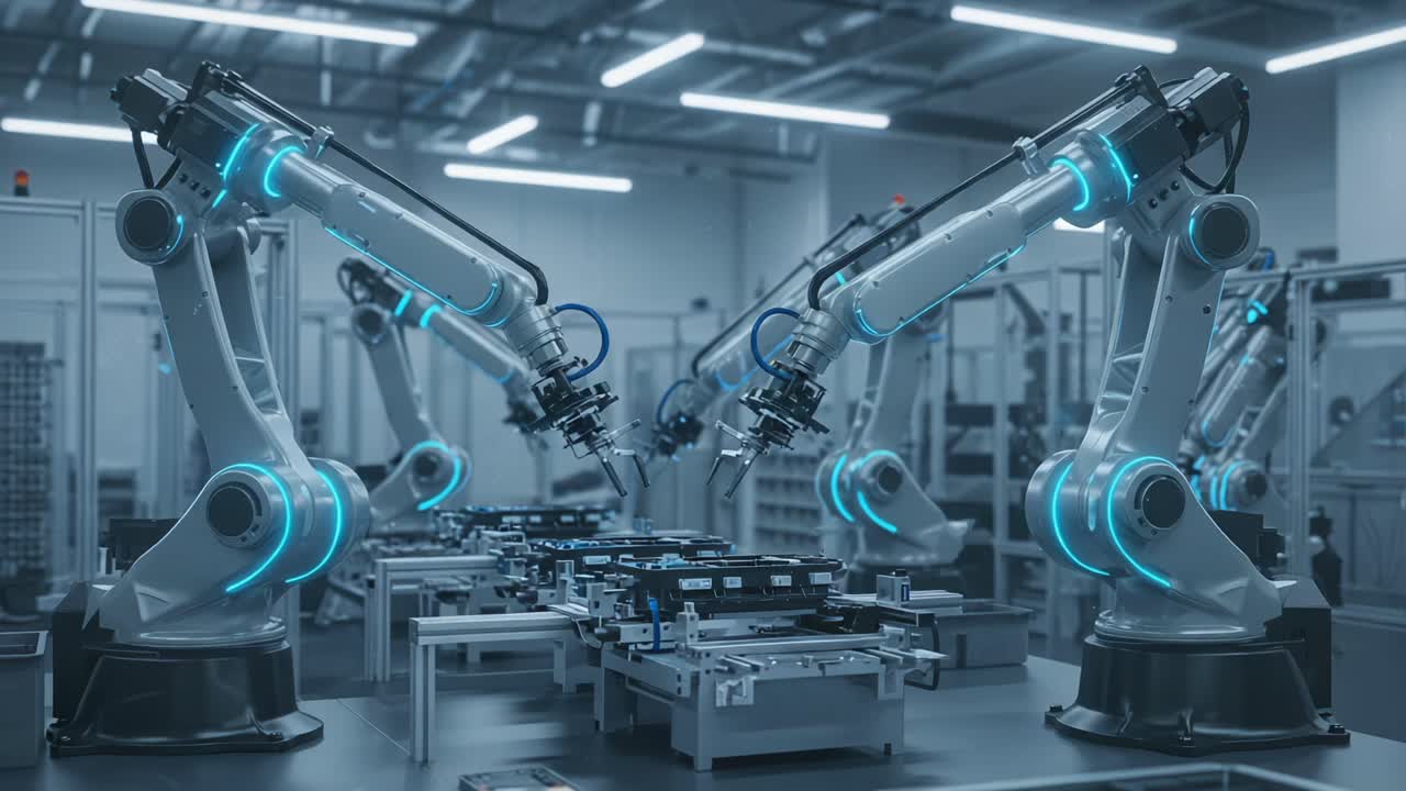 Advanced Robotic Arms in a High-Tech Assembly Line: A Glimpse into Automated Precision Manufacturing and the Future of Industrial Robotics Technology