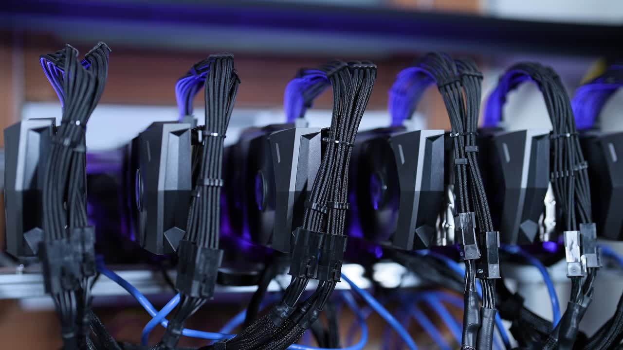 rack de minería de criptomonedas con plataformas de tarjetas de video