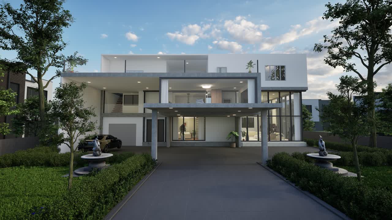 Exterior de casa de lujo moderno con entrada para vehículos