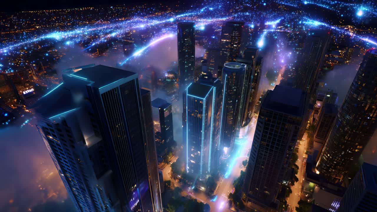 A breathtaking aerial view of a vibrant nighttime cityscape, showcasing illuminated skyscrapers amidst a dazzling network of lights and fog, creating an enchanting urban atmosphere filled with energy