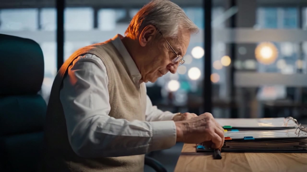 An elderly gentleman diligently organizing documents on a desk, showcasing focus and attention to detail in a well-lit office environment with contemporary decor.