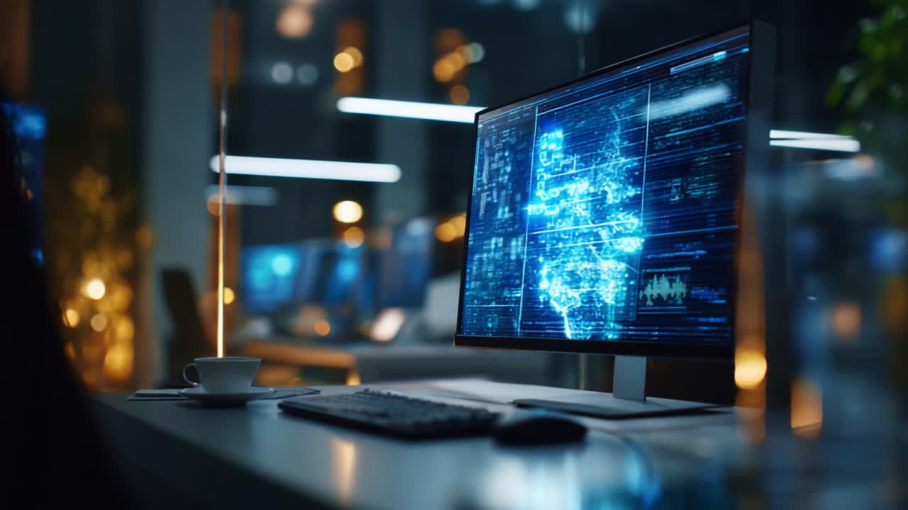 A High-Tech Workspace Featuring a Computer Monitor Displaying Complex Data Visualizations in an Ambient Office Environment with Illuminated Background Elements