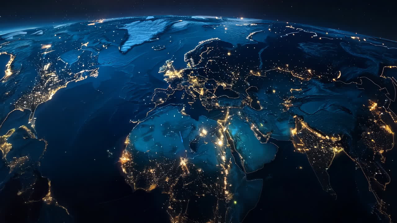 A globe with the lights on in the night sky. The globe is lit up with a blue and white color scheme