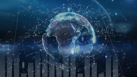 animación del procesamiento de datos y las estadísticas en todo el mundo sobre un fondo oscuro