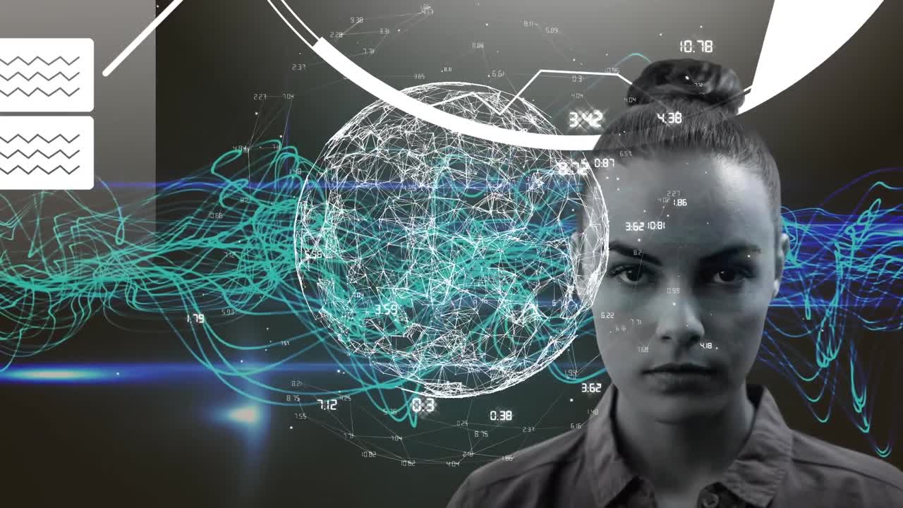 animación de un globo giratorio y procesamiento de datos sobre un retrato monocromo de una mujer