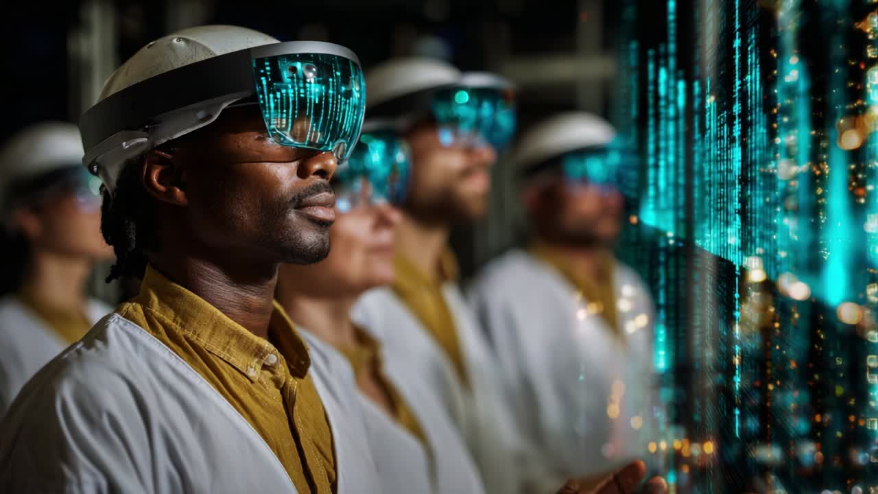 A group of focused individuals wearing innovative augmented reality headsets observe a vibrant digital interface filled with interactive data, showcasing advanced technology in a futuristic setting