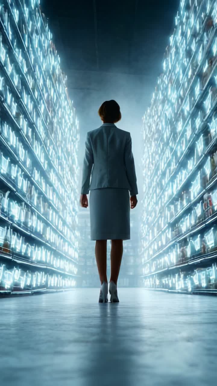 A Professional Woman Stands in an Illuminated Aisle Surrounded by Glowing Shelves Filled with Transparent Containers in a Modern Storage Environment