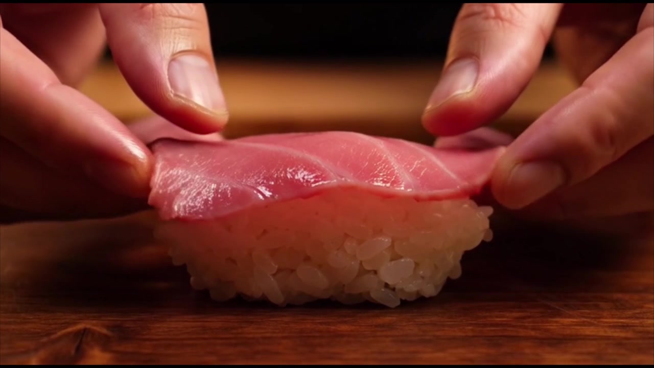 新鮮なマグロの握り寿司を握る板前