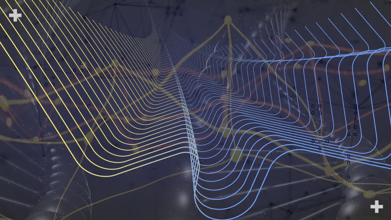 Animation of flowing yellow and blue lines creating dynamic wave patterns