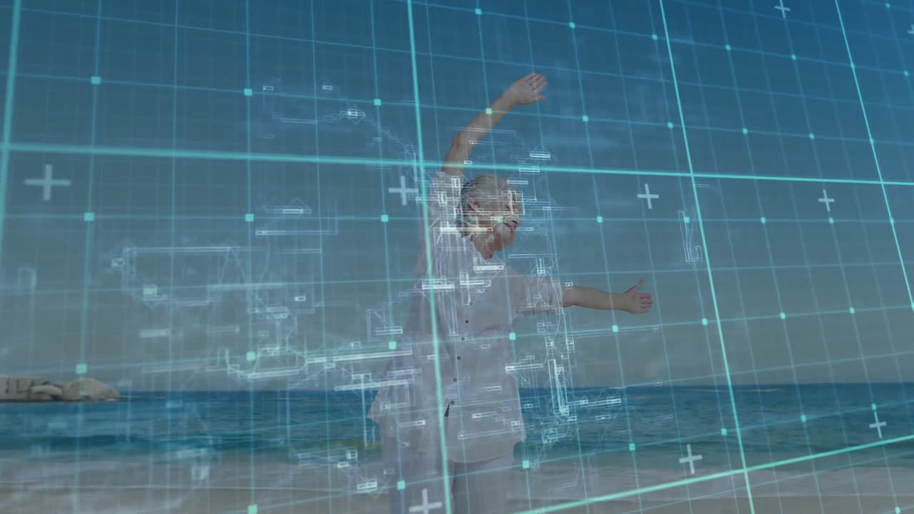 Woman dancing on beach with digital grid and technology overlay animation