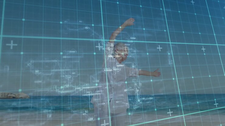 Woman dancing on beach with digital grid and technology overlay animation