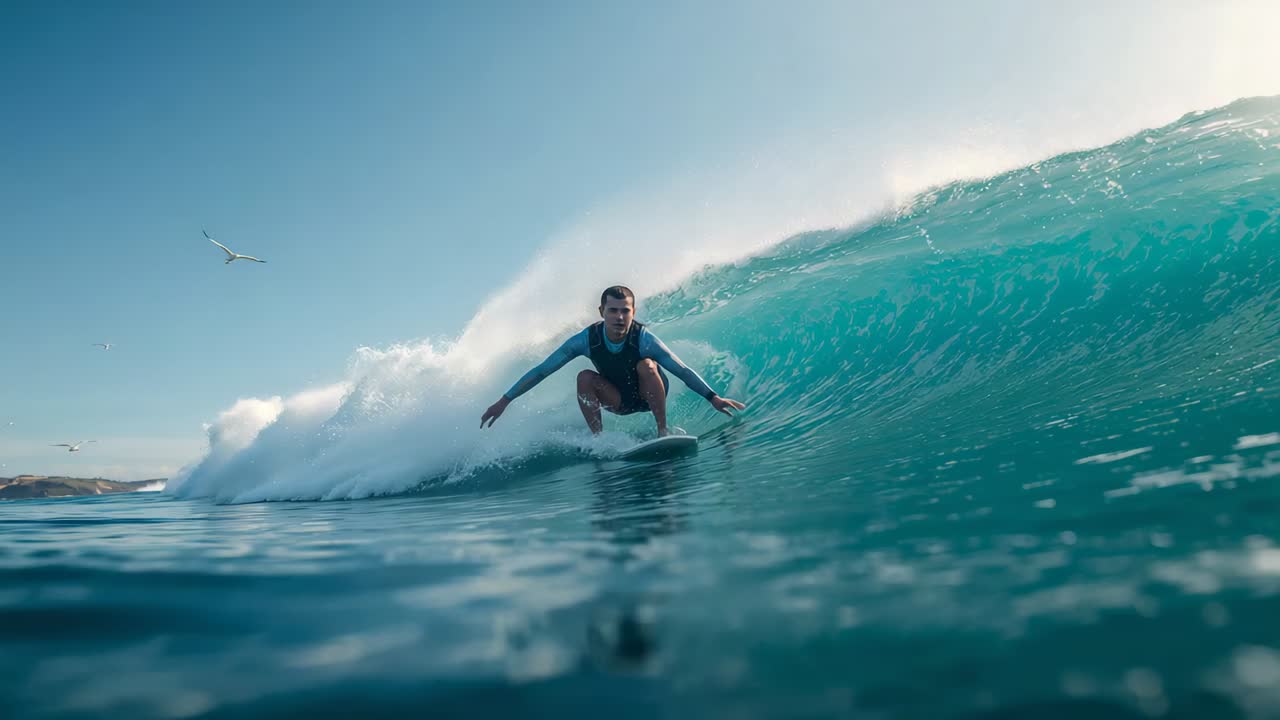 Breaking wave forcing surfer riding tube on board at coast, staying tucked wearing blue wetsuit