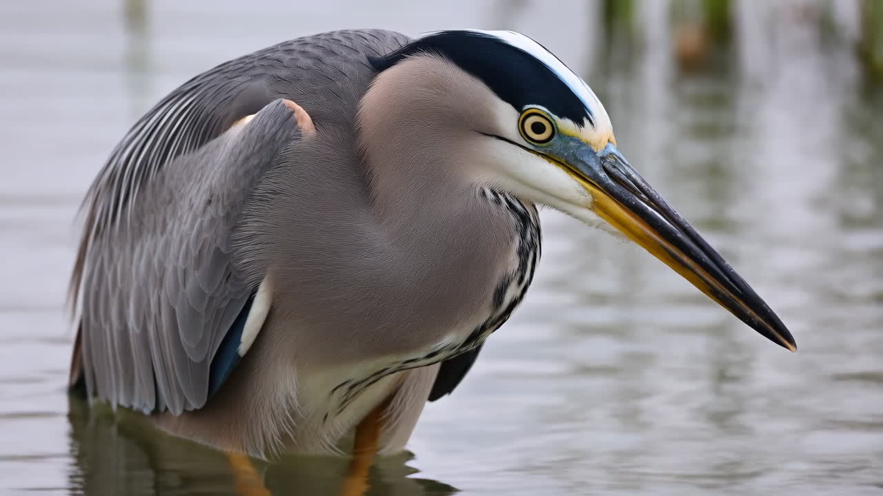 A close-up of a Great Blue Heron standing in water