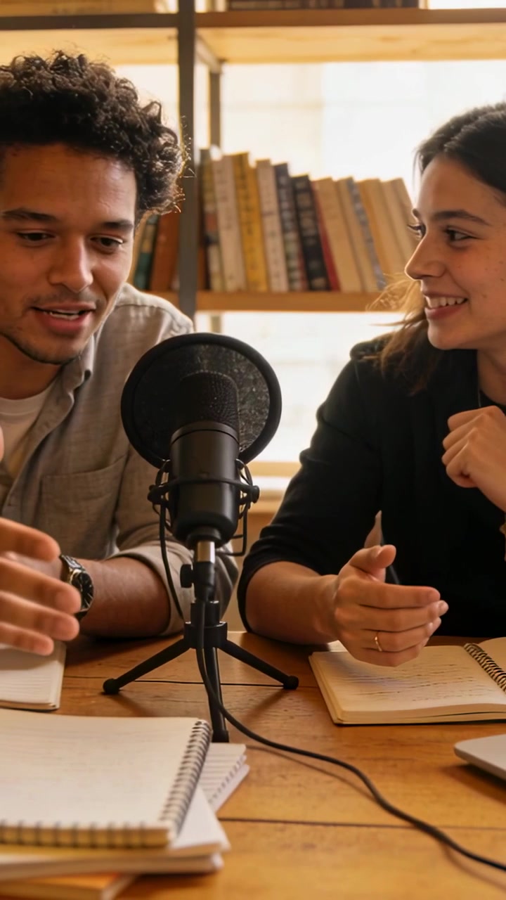 Video verticale: Microfono che registra, conduttori che discutono appunti in studio, in camicia chiara e top scuro.