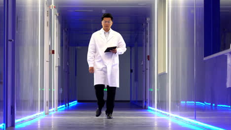 researcher and technician occupational data center, man inspecting servers in a modern facility.