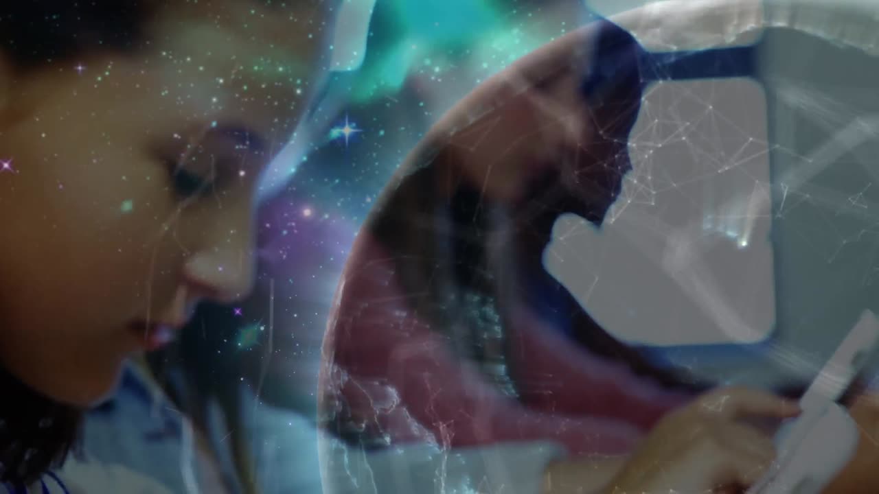 animación de redes de conexiones y globo sobre diversos escolares en el aula