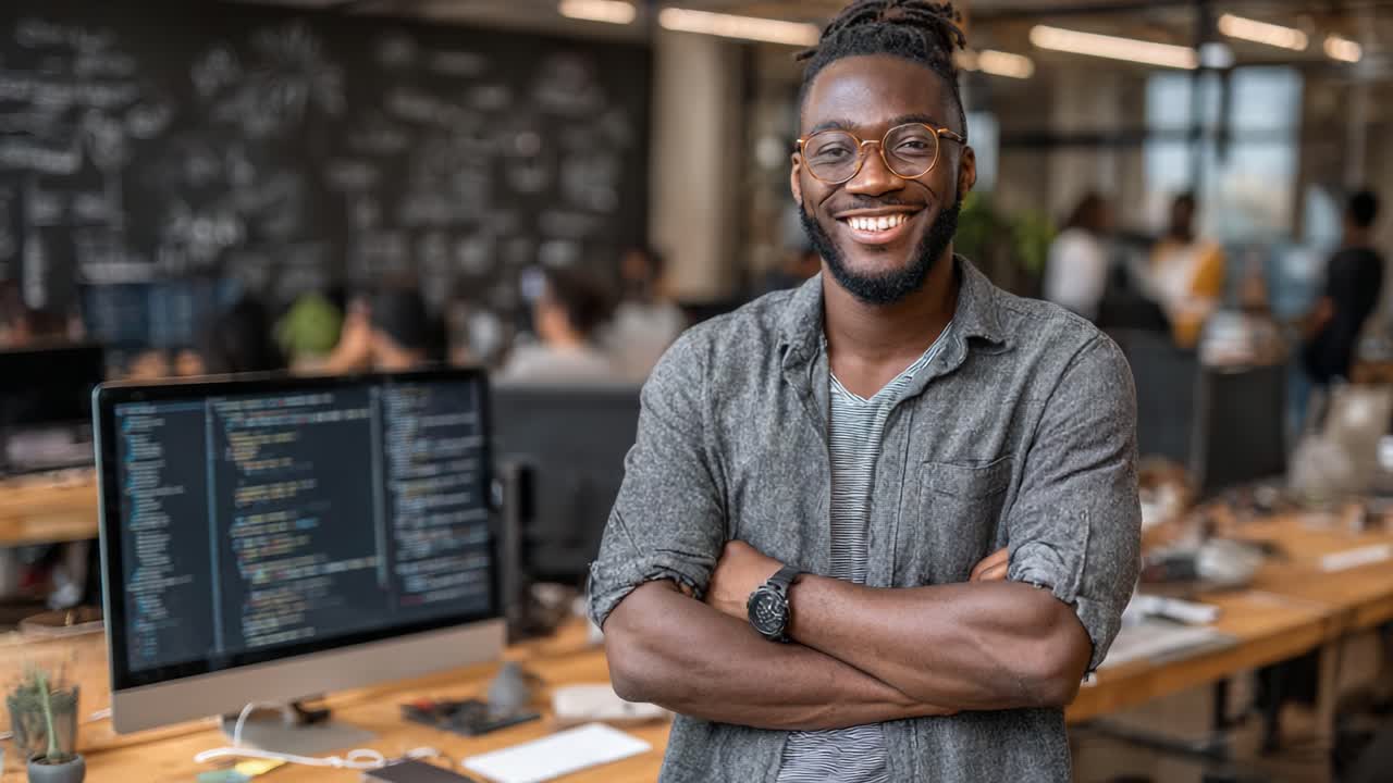 A Confident Software Developer Smiling in a Modern Work Environment Surrounded by Colleagues, Highlighting the Collaborative Spirit in Technology Innovation