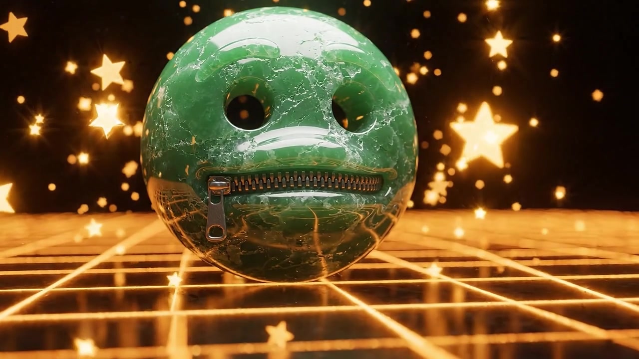 Una misteriosa palla verde con una bocca a cerniera si illumina vivacemente su uno sfondo a griglia retrò stilizzato, creando una narrazione visiva accattivante in questa scena animata.