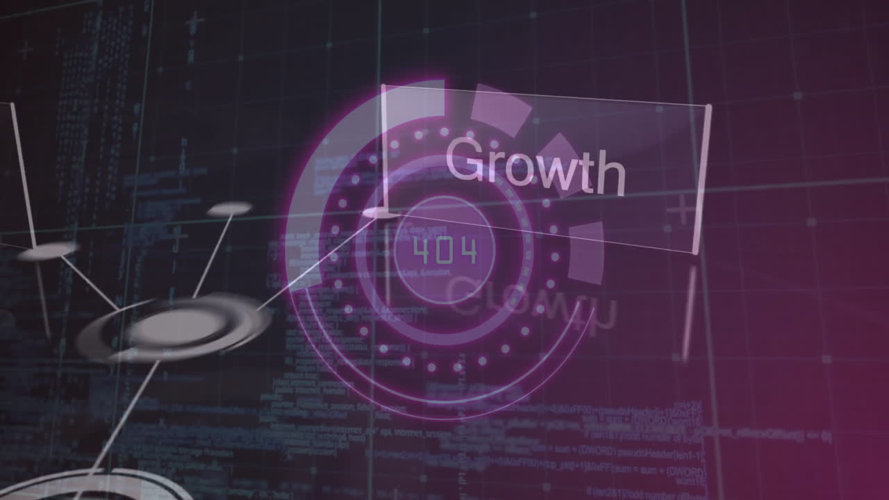 Animation displaying growth and 404 error in futuristic digital interface