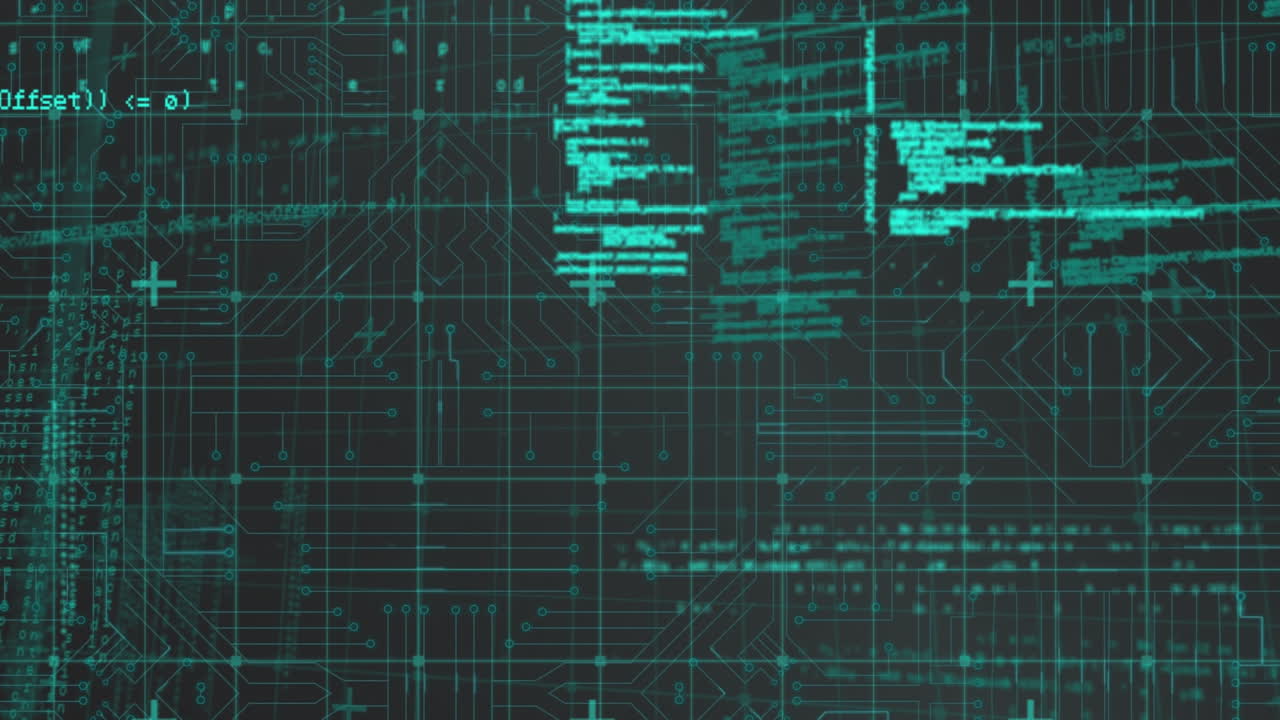 Animation of data processing over integrated circuit in green and black space