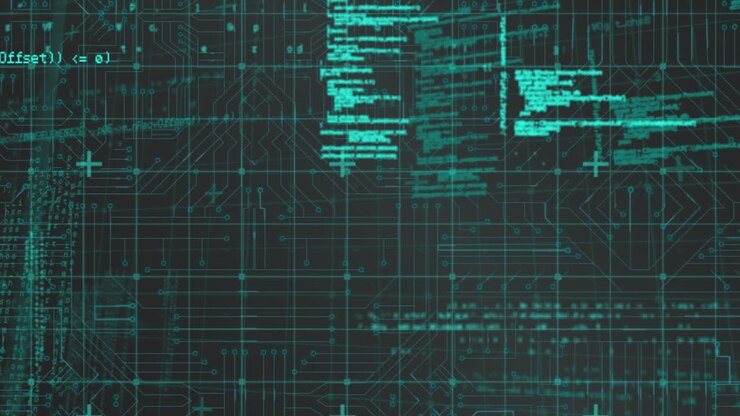 Animation of data processing over integrated circuit in green and black space