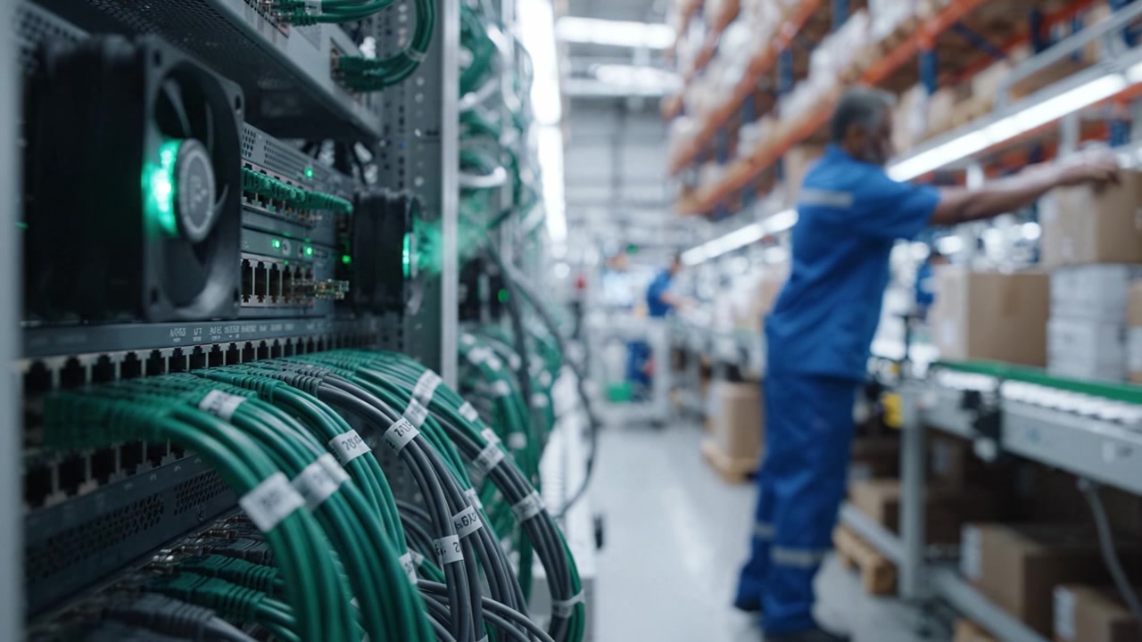 Tecnico che Gestisce Cavi di Rete e Apparecchiature in un Moderno Data Center, con Rack di Server e Soluzioni di Connettività Organizzate in un Ambiente di Magazzino.