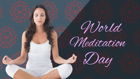 animation of world meditation day text with caucasian woman meditating on grey background