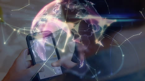animación de la red de conexiones y el globo sobre los hombres que usan teléfonos inteligentes