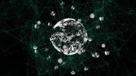 animación de iconos de globo y personas sobre fondo negro