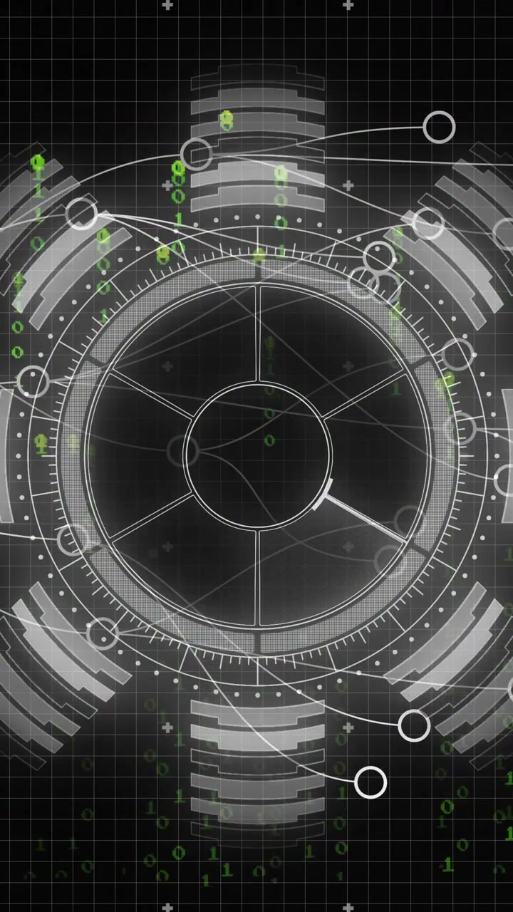 Digital data processing and analysis animation over futuristic interface with graphs and codes