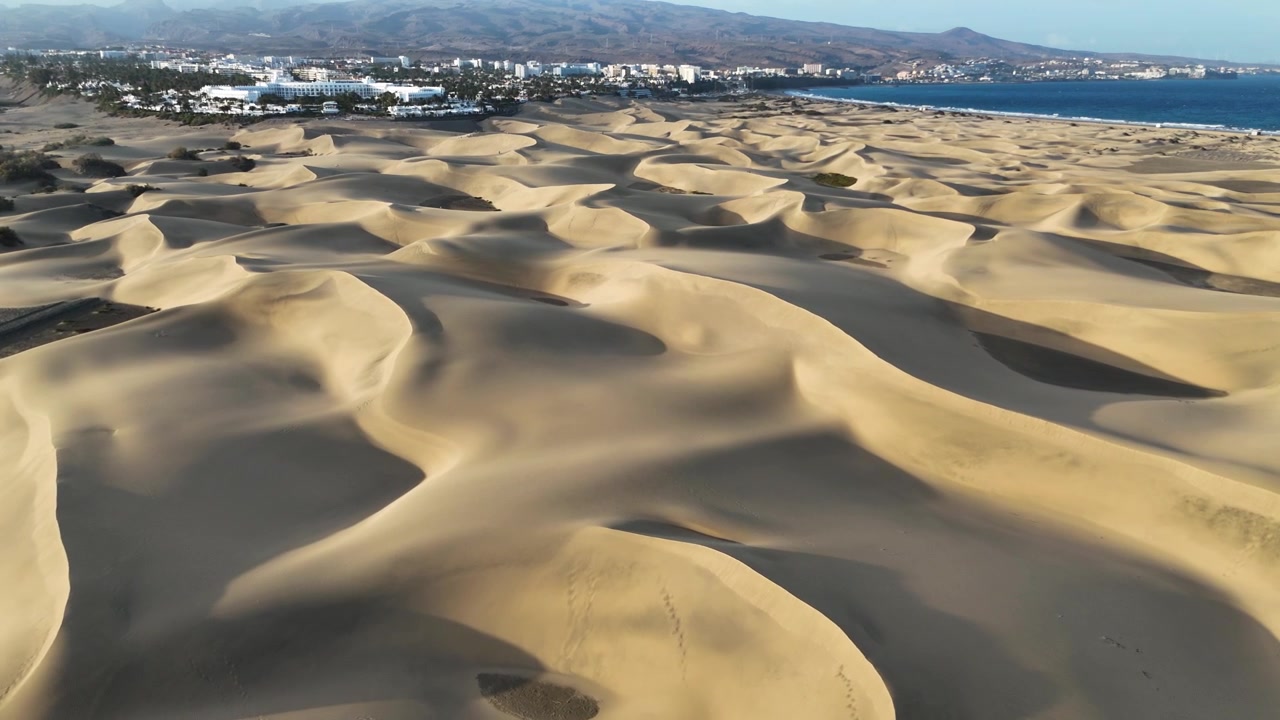 Maspalomas sand dunes form sweeping ridges near the Atlantic coast of Gran Canaria, aerial