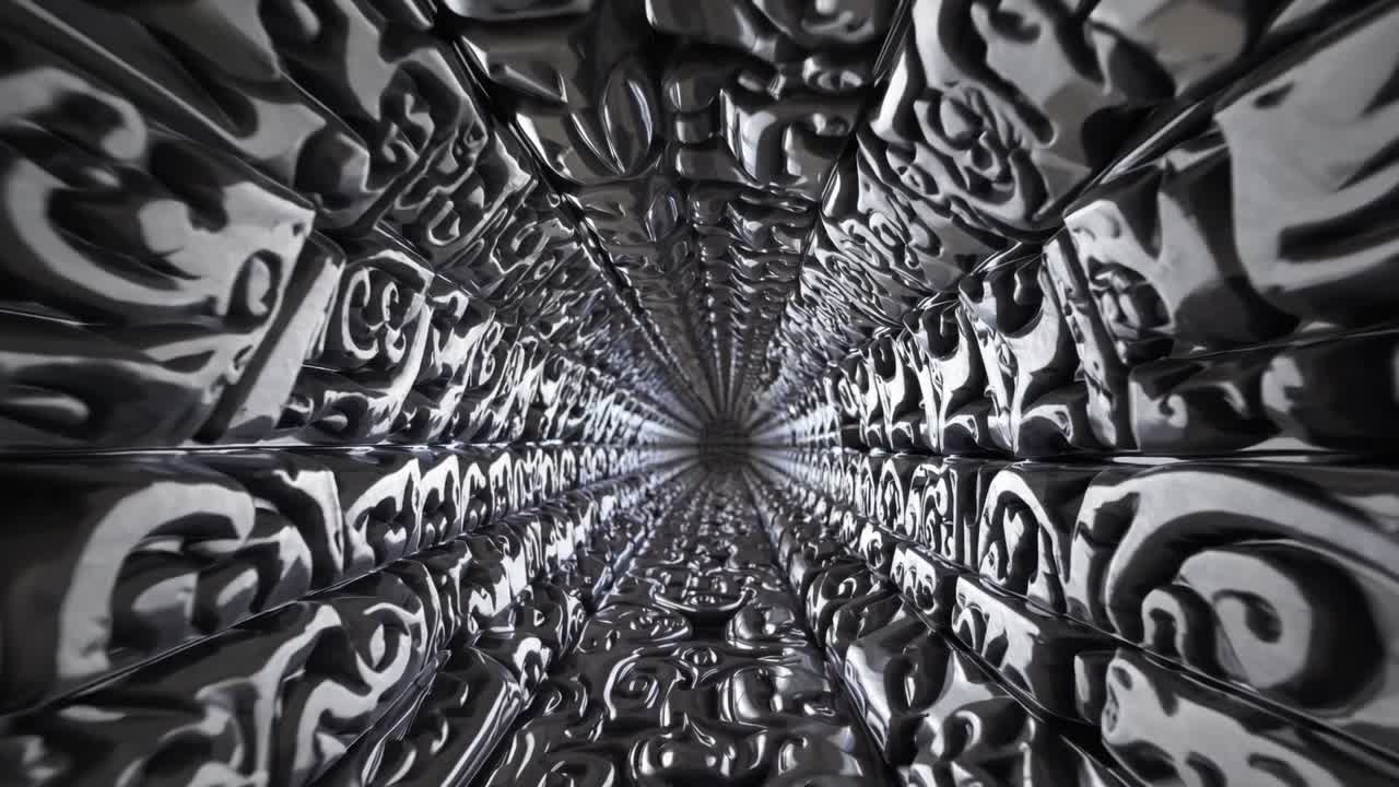 Abstract tunnel view showcasing intricate reflective patterns, creating a mesmerizing visual journey through a metallic corridor, emphasizing depth and texture in motion