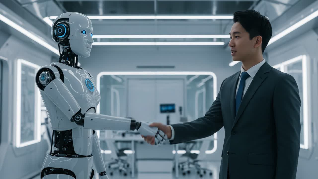 A Human and a Robot Engage in A Symbolic Handshake in a Futuristic Laboratory, Highlighting the Interplay of Technology and Humanity in Advanced Robotics