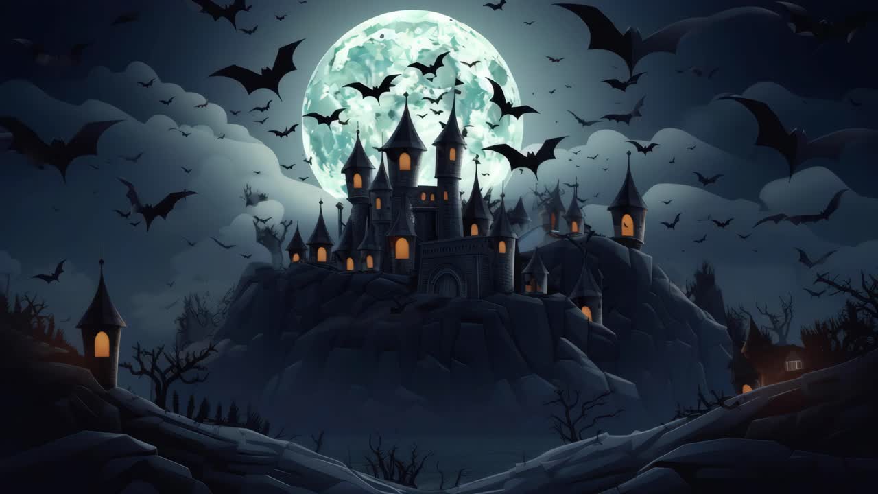 Vista aerea di un castello spettrale su una collina sotto la luna piena, circondato da pipistrelli volanti
