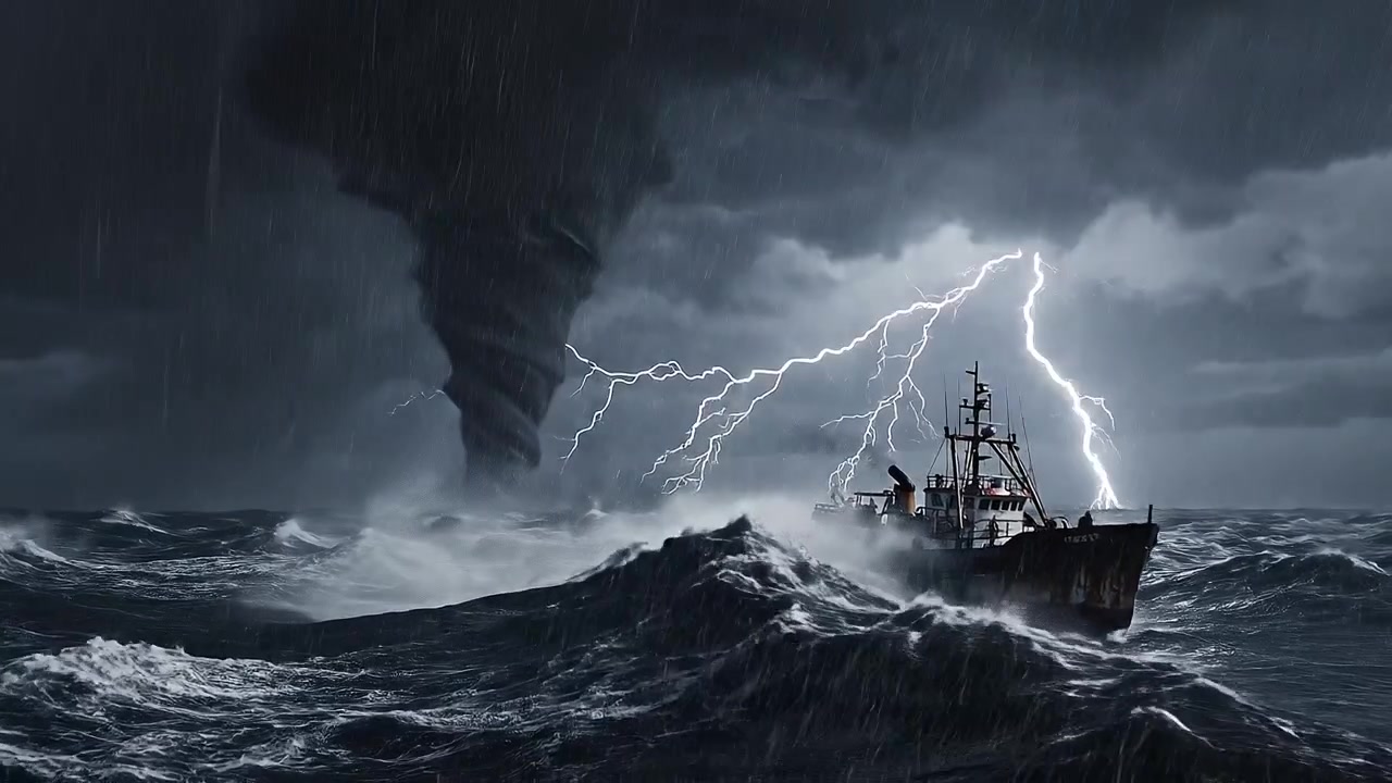 Fiskebåt som kjemper mot gigantisk vannvirvel og stormfullt hav med lyn