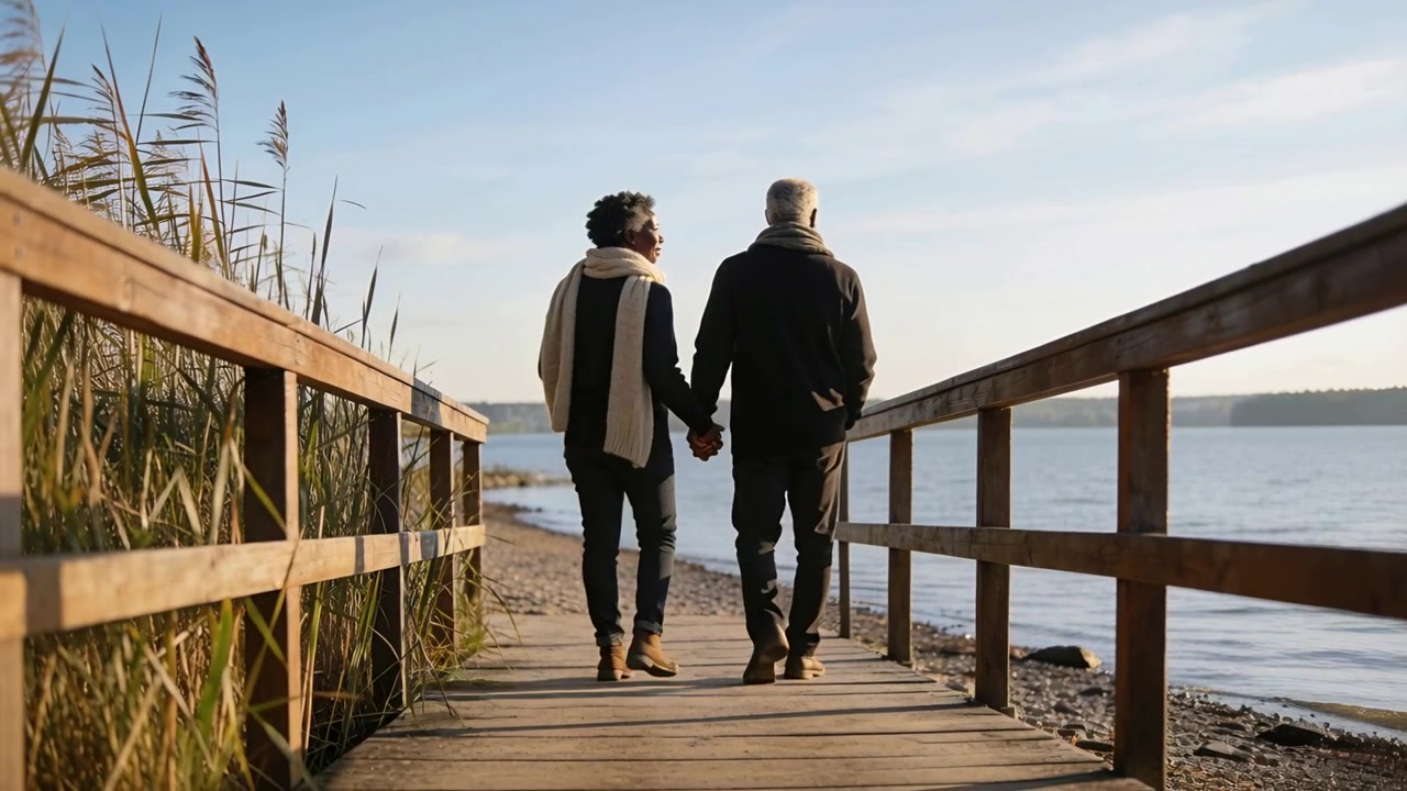 Senior couple walking hand-in-hand along wooden boardwalk to shore, drawn by sun, wearing scarves