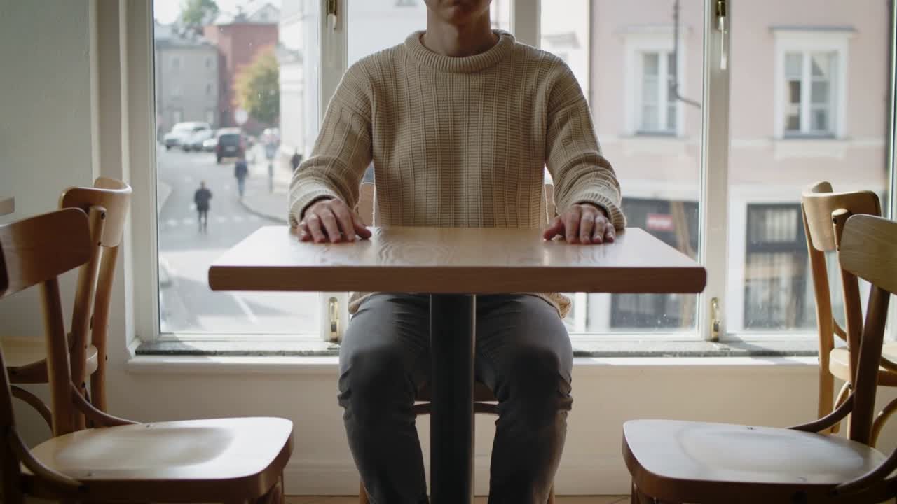 Pria dewasa duduk menyesuaikan posisi tangannya di atas meja, bersandar di jendela kafe, terlihat mengenakan sweater berwarna krem.