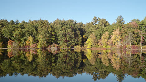 Frühherbstbäume-Spiegeln-Sich-In-Einem-Klaren-See,-Während-Die-Kamera-In-Dieser-Szene-In-Neuengland-Zu-Einem-Entfernten-Strand-Schwenkt