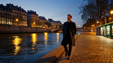 man walking along the seine river at night in paris