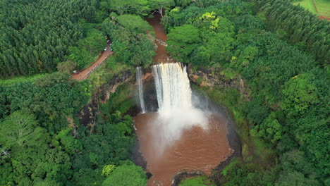 the beautiful wailua falls in a lush green forest - kauai, hawaii - aerial