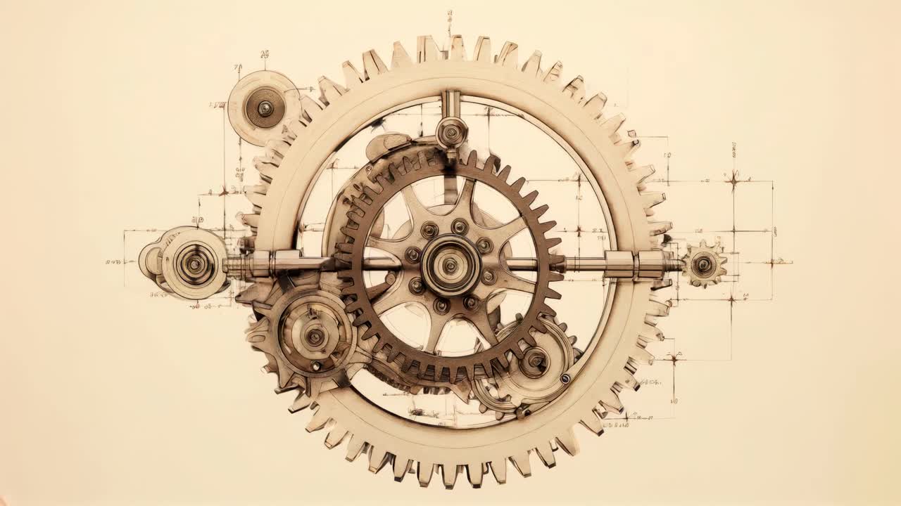 Steampunk gears in a sepia tone, viewed from a straight-on angle. Ideal for a video on mechanical