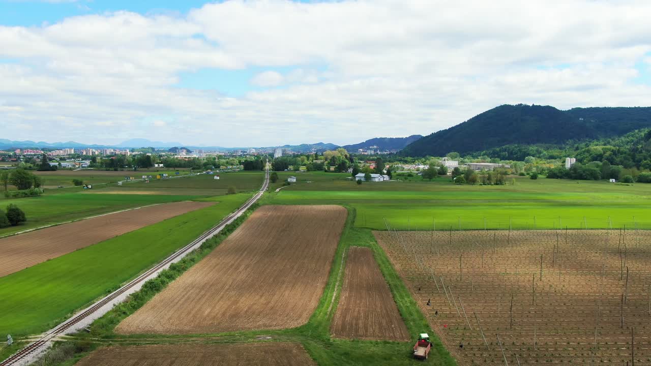 Aerial of a farming area near Levec village in east-central Slovenia