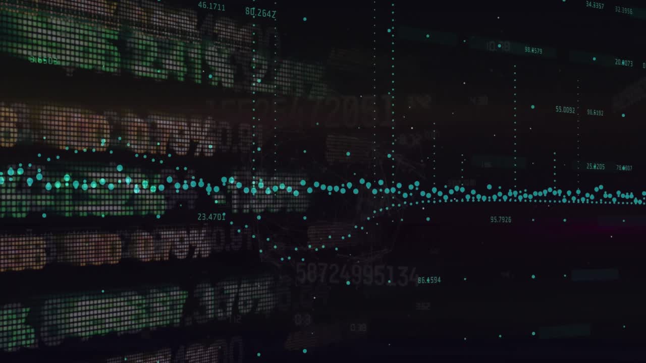 Animazione di grafici ed elaborazione dati su un'interfaccia di informazioni finanziarie su sfondo nero