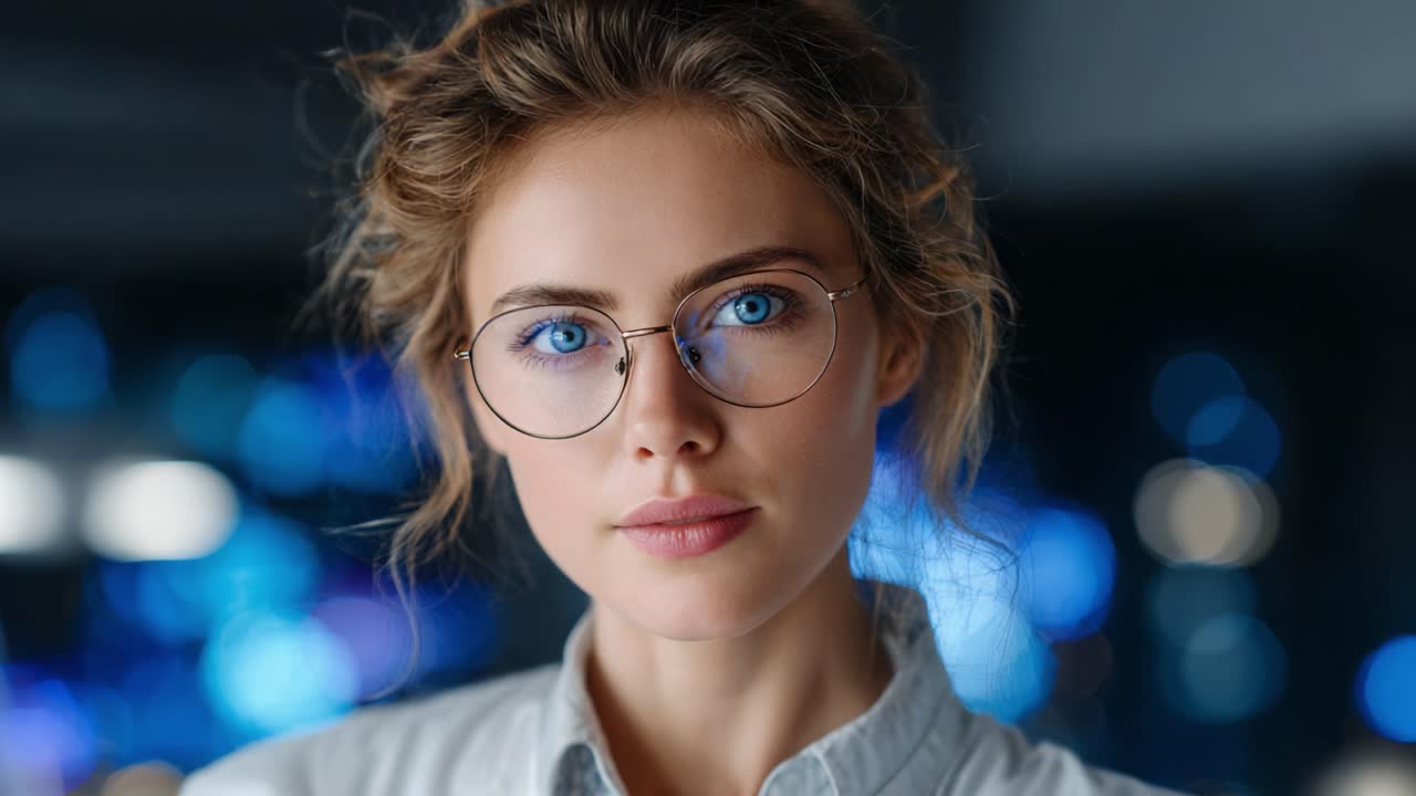Accattivante primo piano di una giovane donna con sorprendenti occhi azzurri ed eleganti occhiali su uno sfondo sfocato, che enfatizza la sua espressione composta e il suo look alla moda